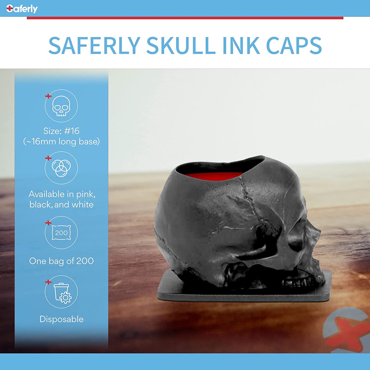 Saferly Skull Ink Caps — Size #16 (Large) — Bag of 200 - Darklab Tattoo Supplies