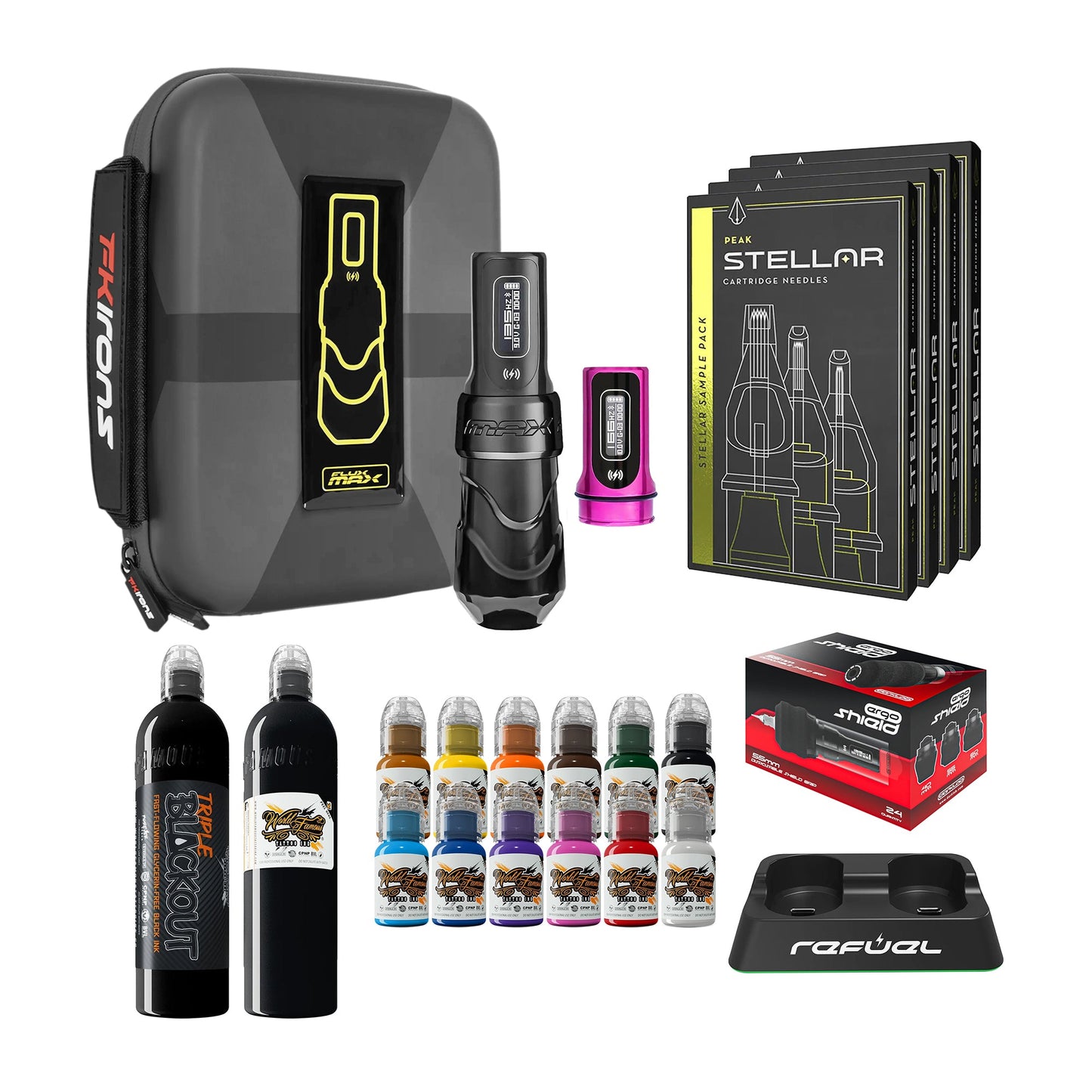 FK Irons Flux Max Pro Bundle With 2 PowerBolt Batteries – Pick Color and Stroke Length - Darklab Tattoo Supplies