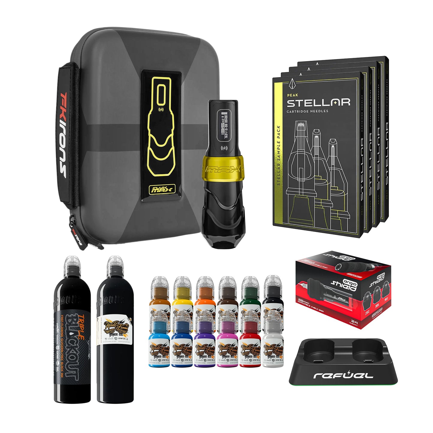 FK Irons Flux Max Bundle With 1 PowerBolt Battery – Pick Color and Stroke Length - Darklab Tattoo Supplies