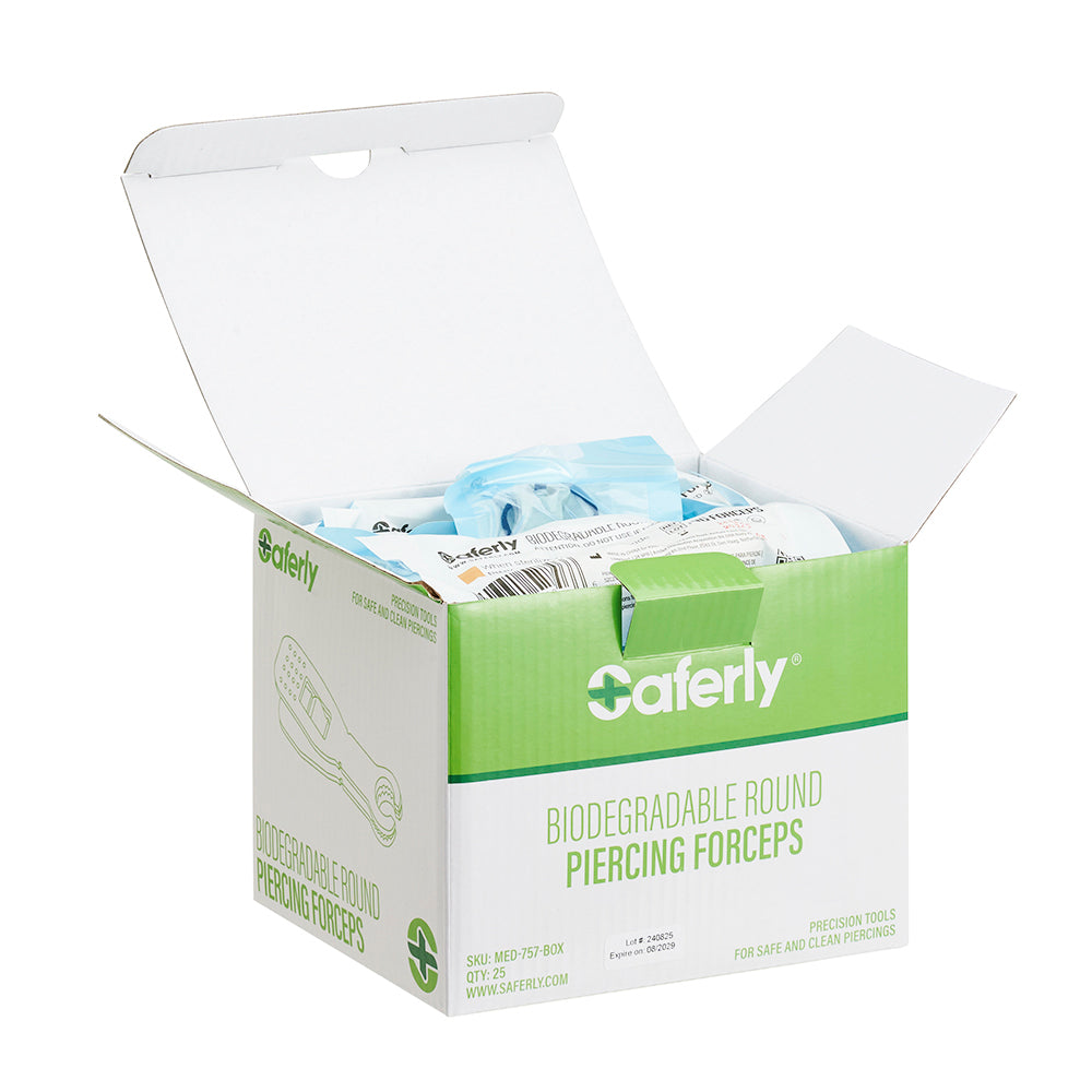 Saferly Round Biodegradable Piercing Forceps — Box of 25 - Darklab Tattoo Supplies