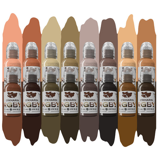 Sasha O’Kharin RGBY Skin Tone Set of 16 Colors — World Famous — 1oz - Darklab Tattoo Supplies Sasha O’Kharin RGBY Skin Tone Set of 16 Colors — World Famous — 1oz