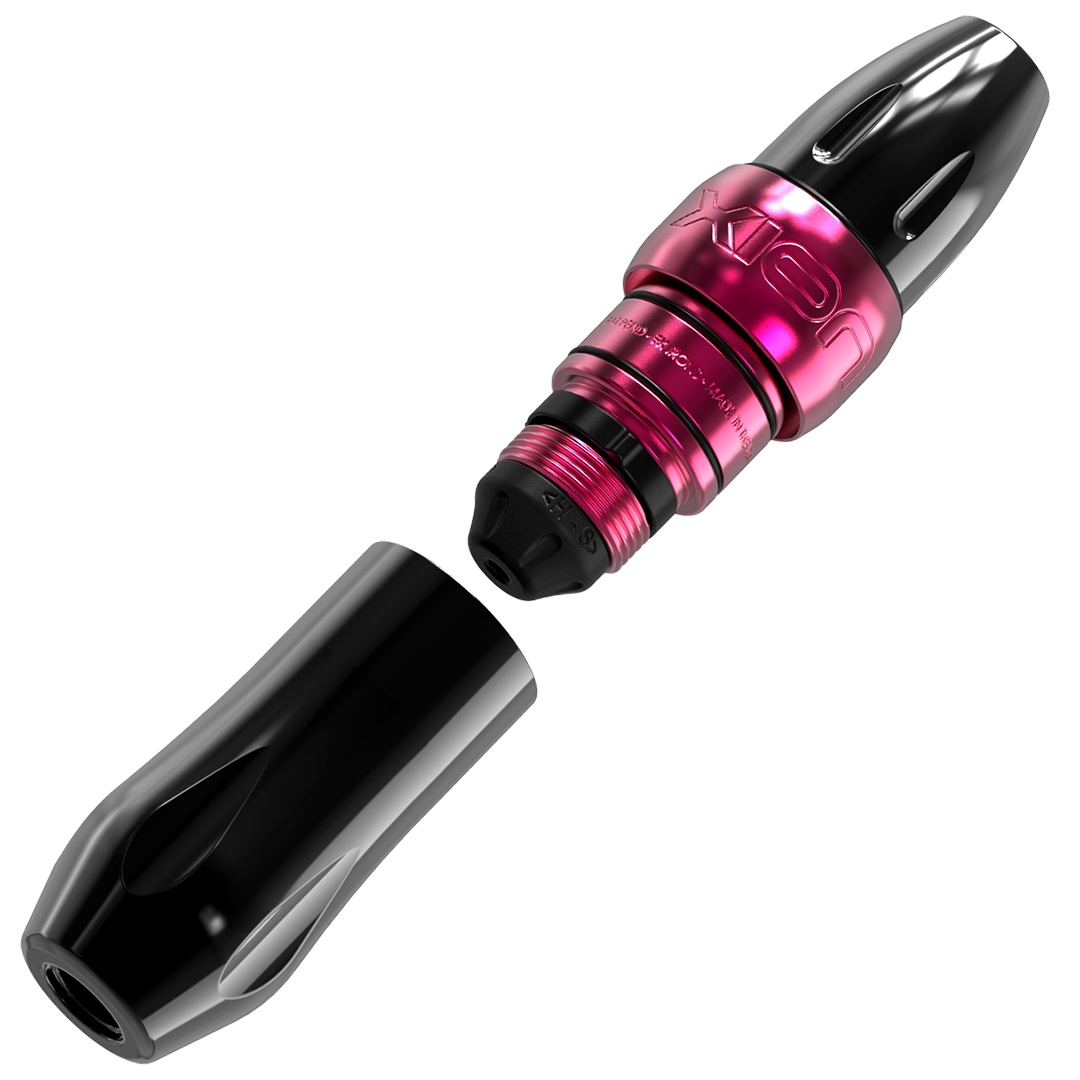 Spectra Xion tattoo machine in black with a bright pink band on the machine bodySpektra Xion BubbleGum with LightningBolt