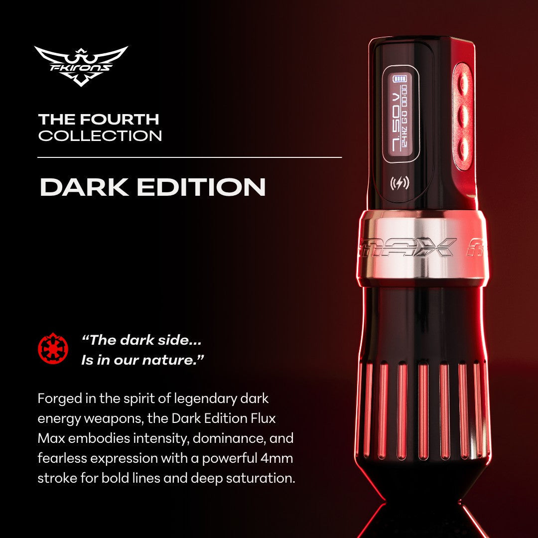 FK Irons Fourth Collection Flux Max Machine — Dark Edition - Darklab Tattoo SuppliesThe Fourth Collection: Flux Max w/ 2 PowerBolt II's - Limited Dark Edition
