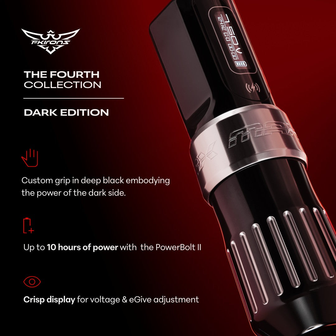 FK Irons Fourth Collection Flux Max Machine — Dark Edition - Darklab Tattoo SuppliesThe Fourth Collection: Flux Max w/ 2 PowerBolt II's - Limited Dark Edition