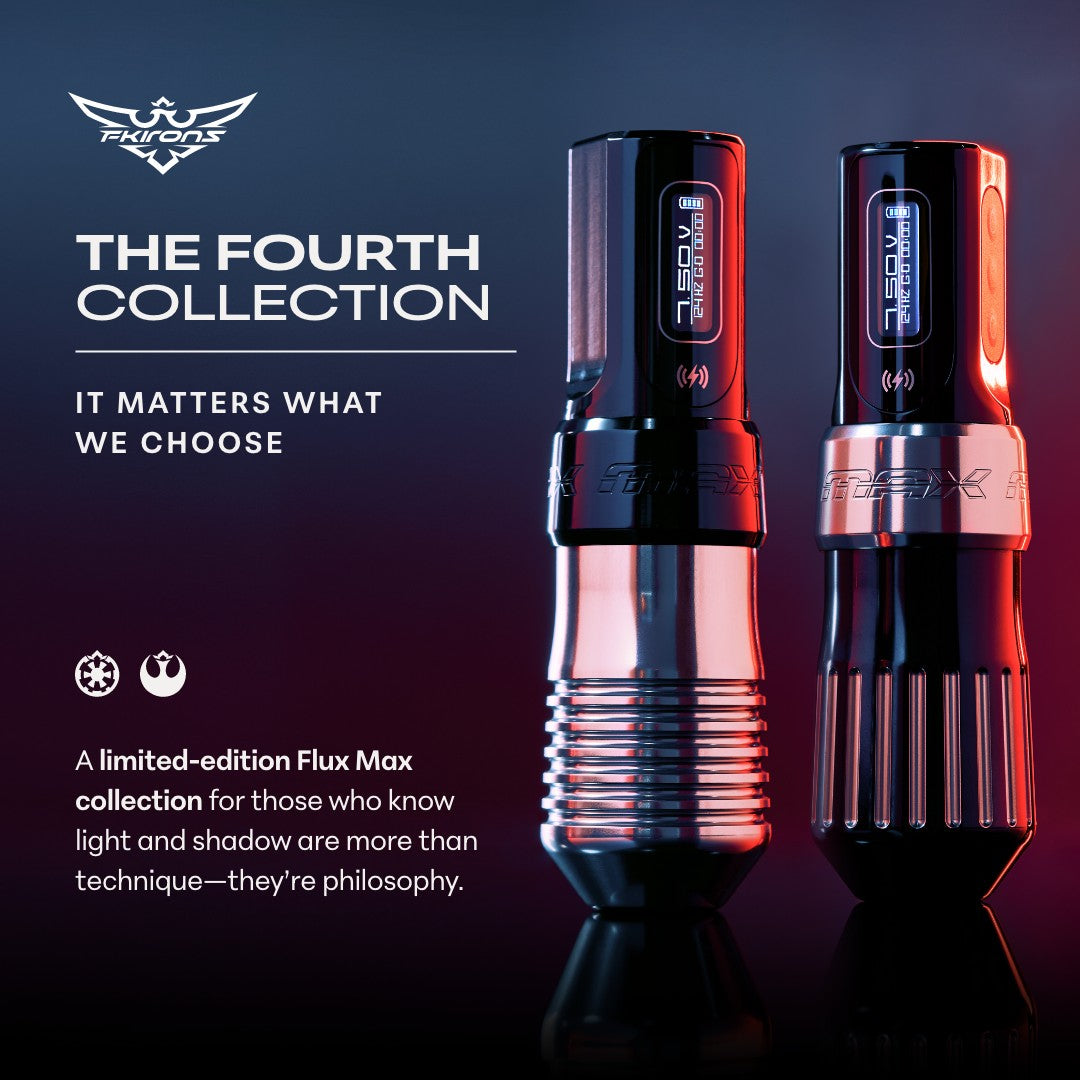 FK Irons Fourth Collection Flux Max Machine — Dark Edition - Darklab Tattoo SuppliesThe Fourth Collection: Flux Max w/ 2 PowerBolt II's - Limited Dark Edition