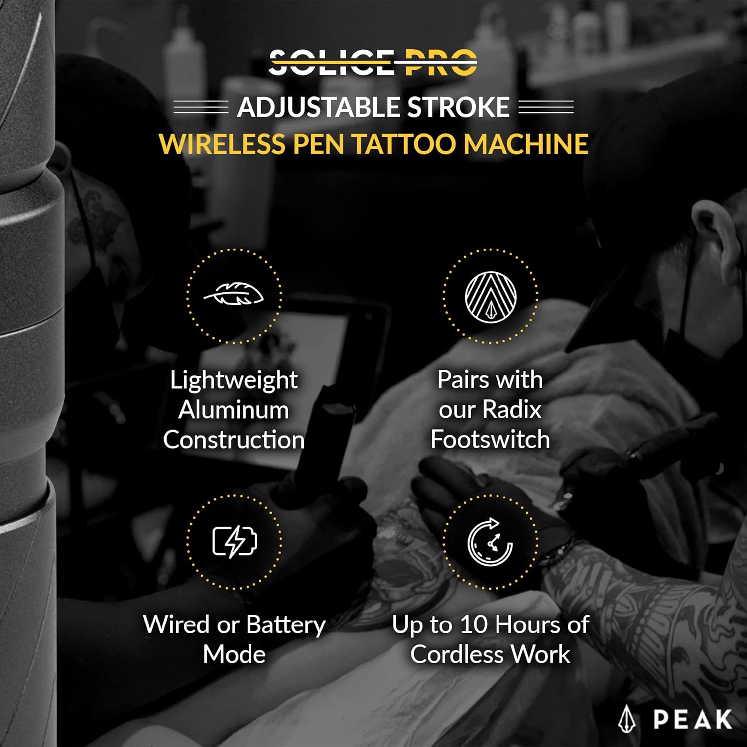 Solice Pro Adjustable Stroke Wireless Pen Tattoo Machine - Peak NeedlesSolice Pro Adjustable Stroke Wireless Pen Tattoo Machine with 1 Spare Battery