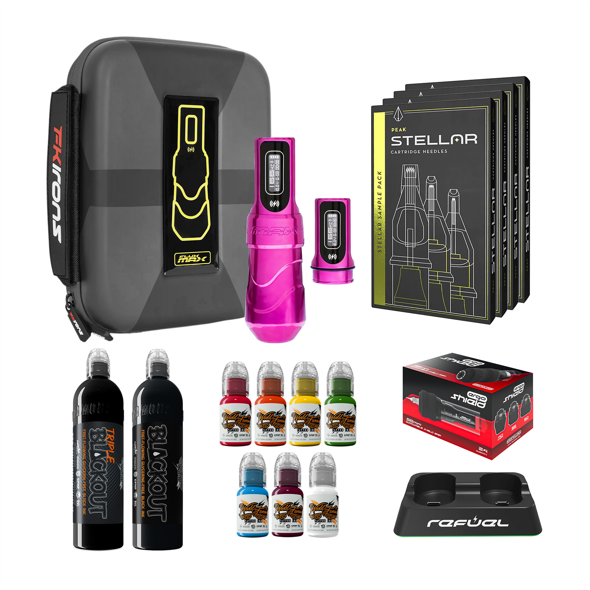 FK Irons Flux Max Pro Bundle With 2 PowerBolt Batteries – Pick Color and Stroke Length - Darklab Tattoo SuppliesFK Irons Flux Max Pro Bundle With 2 PowerBolt Batteries – Pick Color and Stroke Length