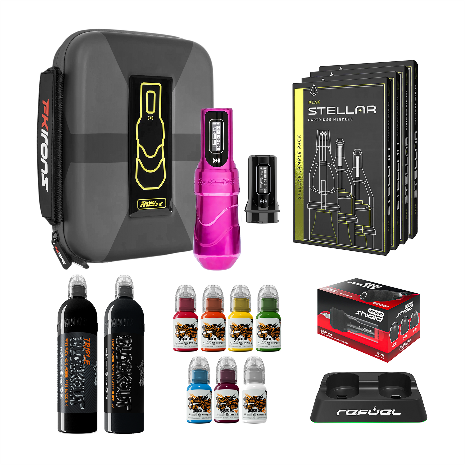 FK Irons Flux Max Pro Bundle With 2 PowerBolt Batteries – Pick Color and Stroke Length - Darklab Tattoo SuppliesFK Irons Flux Max Pro Bundle With 2 PowerBolt Batteries – Pick Color and Stroke Length