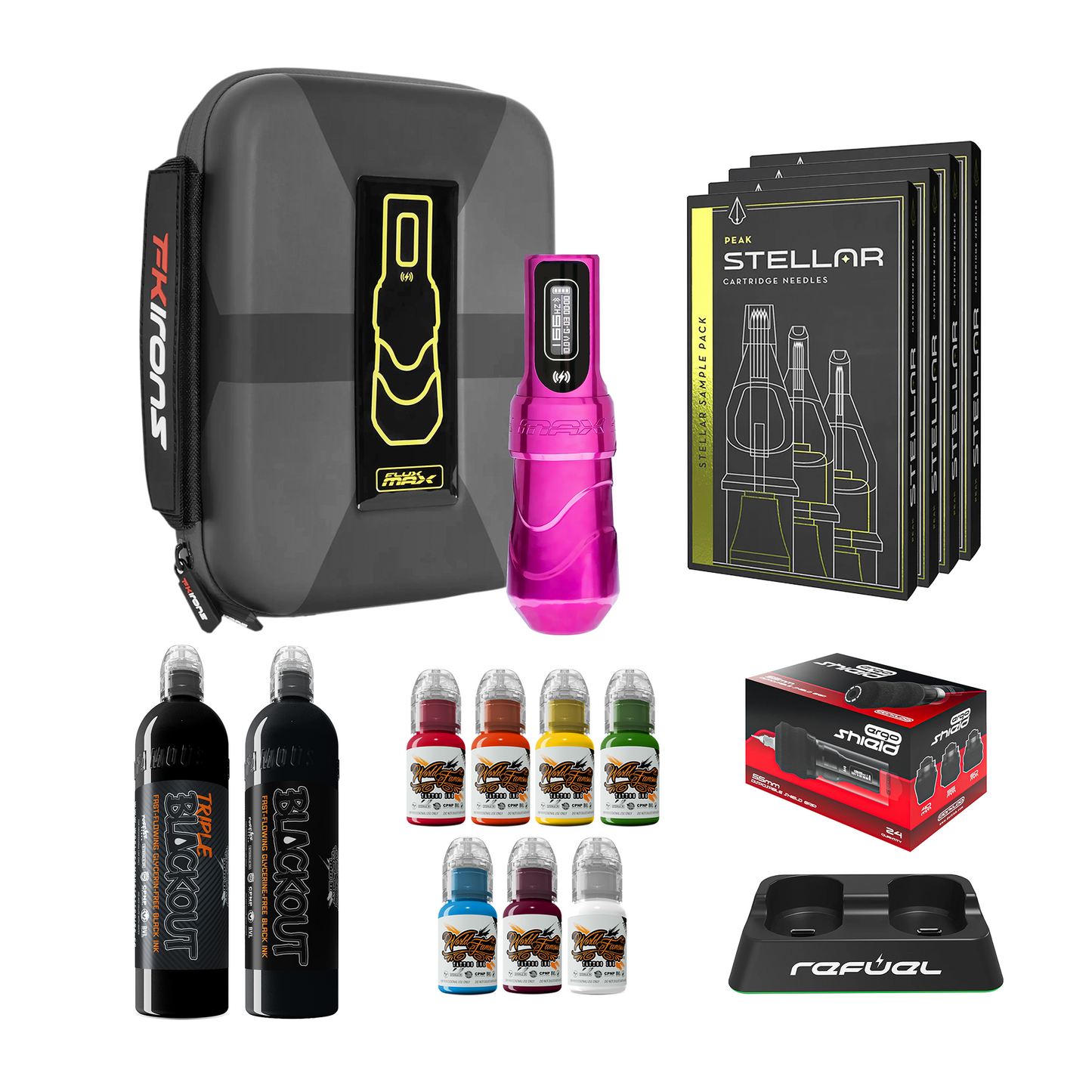 FK Irons Flux Max Bundle With 1 PowerBolt Battery – Pick Color and Stroke Length - Darklab Tattoo Supplies