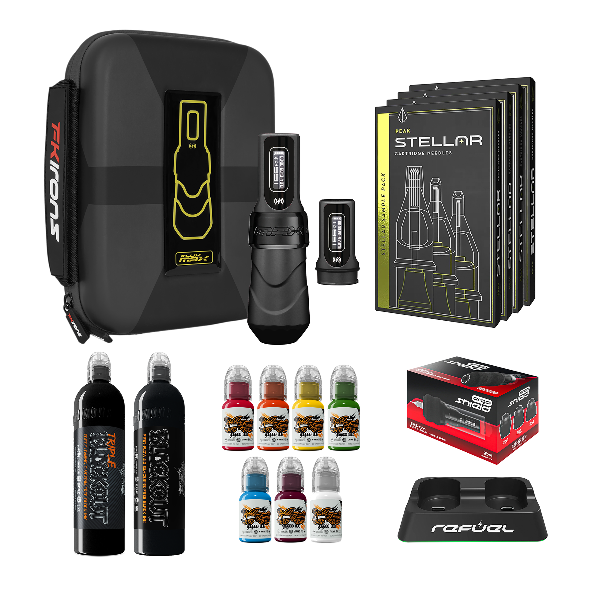FK Irons Flux Max Pro Bundle With 2 PowerBolt Batteries – Pick Color and Stroke Length - Darklab Tattoo SuppliesFK Irons Flux Max Pro Bundle With 2 PowerBolt Batteries – Pick Color and Stroke Length