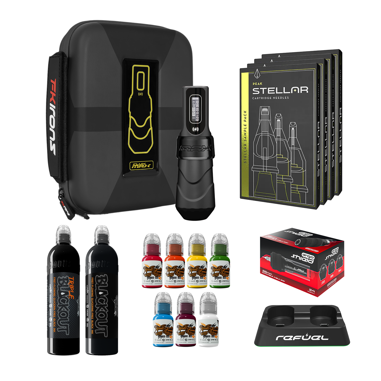 FK Irons Flux Max Bundle With 1 PowerBolt Battery – Pick Color and Stroke Length - Darklab Tattoo Supplies