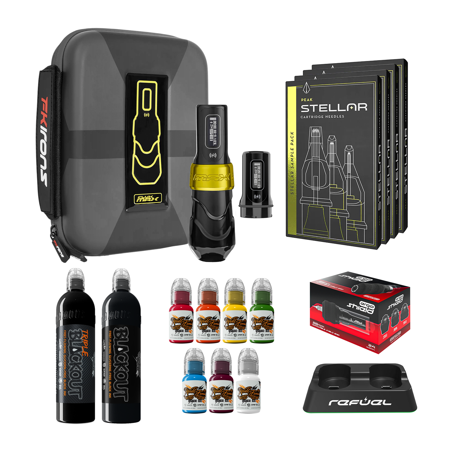 FK Irons Flux Max Pro Bundle With 2 PowerBolt Batteries – Pick Color and Stroke Length - Darklab Tattoo Supplies