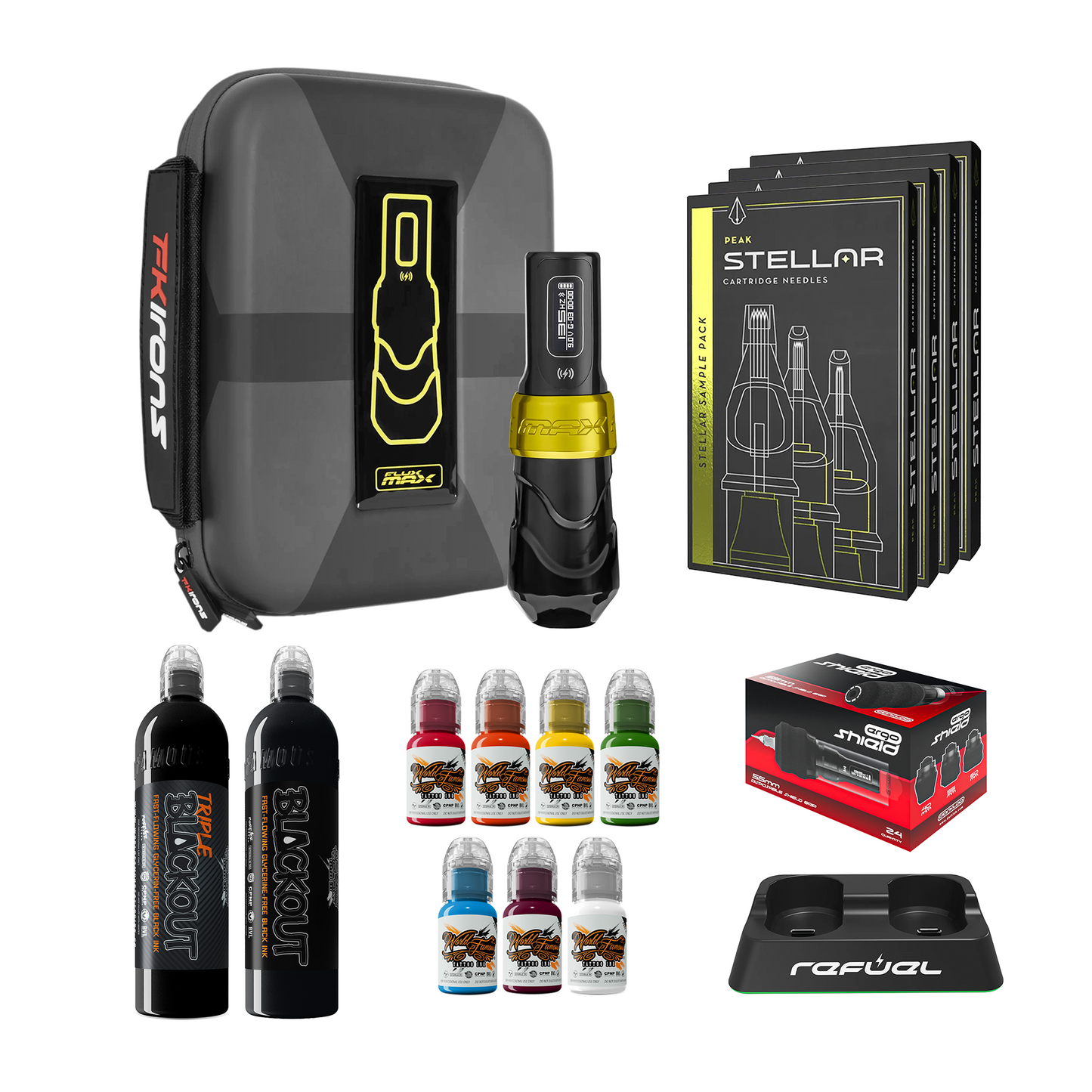 FK Irons Flux Max Bundle With 1 PowerBolt Battery – Pick Color and Stroke Length - Darklab Tattoo Supplies