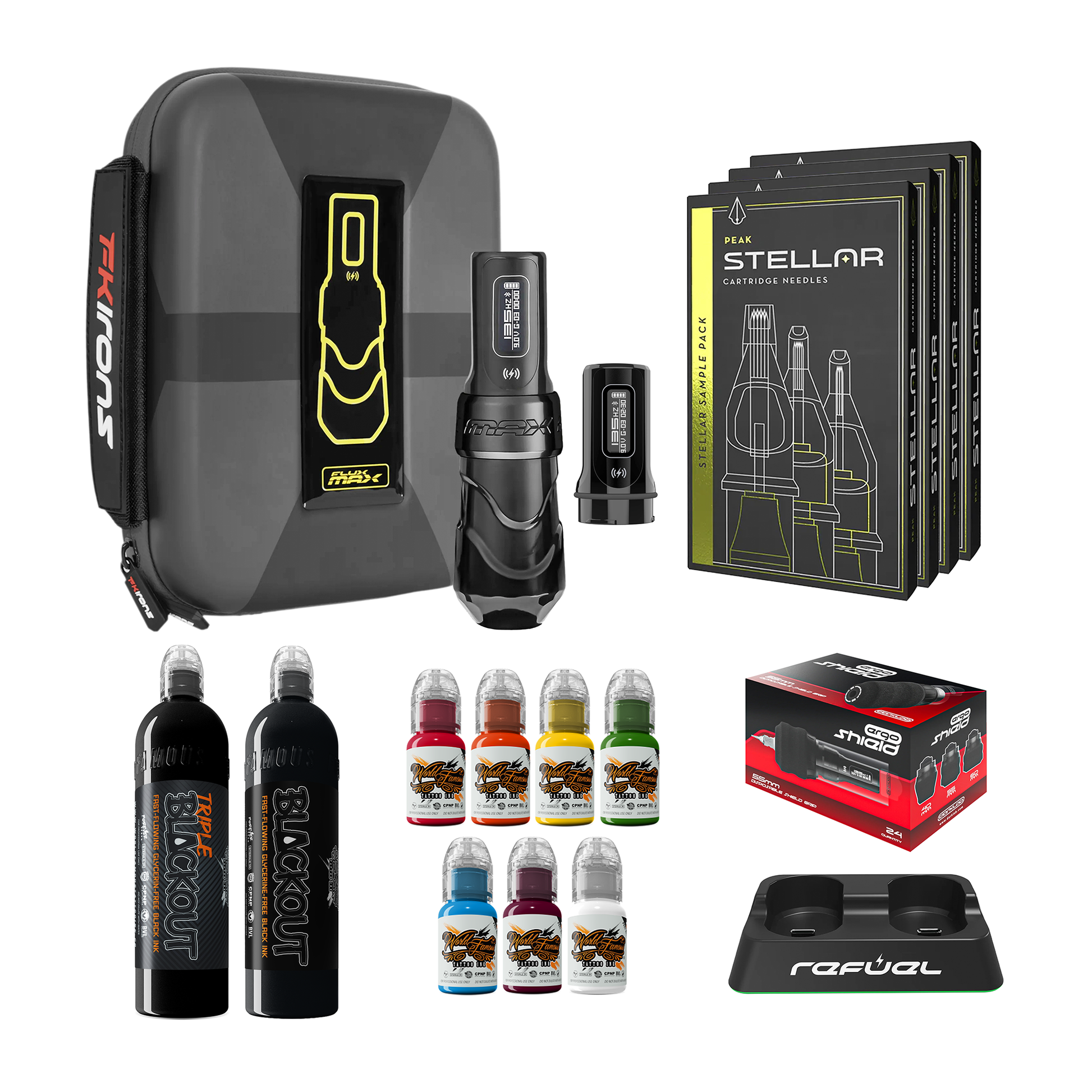 FK Irons Flux Max Pro Bundle With 2 PowerBolt Batteries – Pick Color and Stroke Length - Darklab Tattoo SuppliesFK Irons Flux Max Pro Bundle With 2 PowerBolt Batteries – Pick Color and Stroke Length