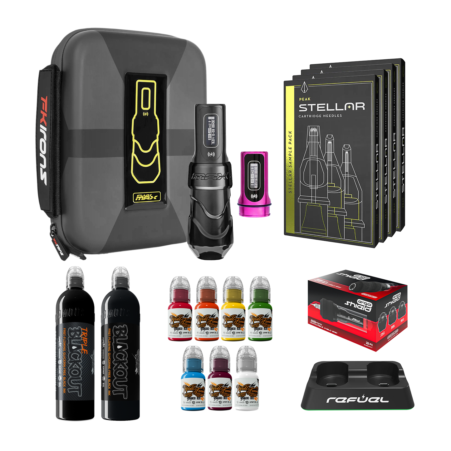 FK Irons Flux Max Pro Bundle With 2 PowerBolt Batteries – Pick Color and Stroke Length - Darklab Tattoo Supplies