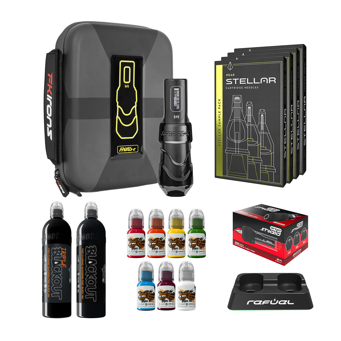 FK Irons Flux Max Bundle With 1 PowerBolt Battery – Pick Color and Stroke Length - Darklab Tattoo Supplies