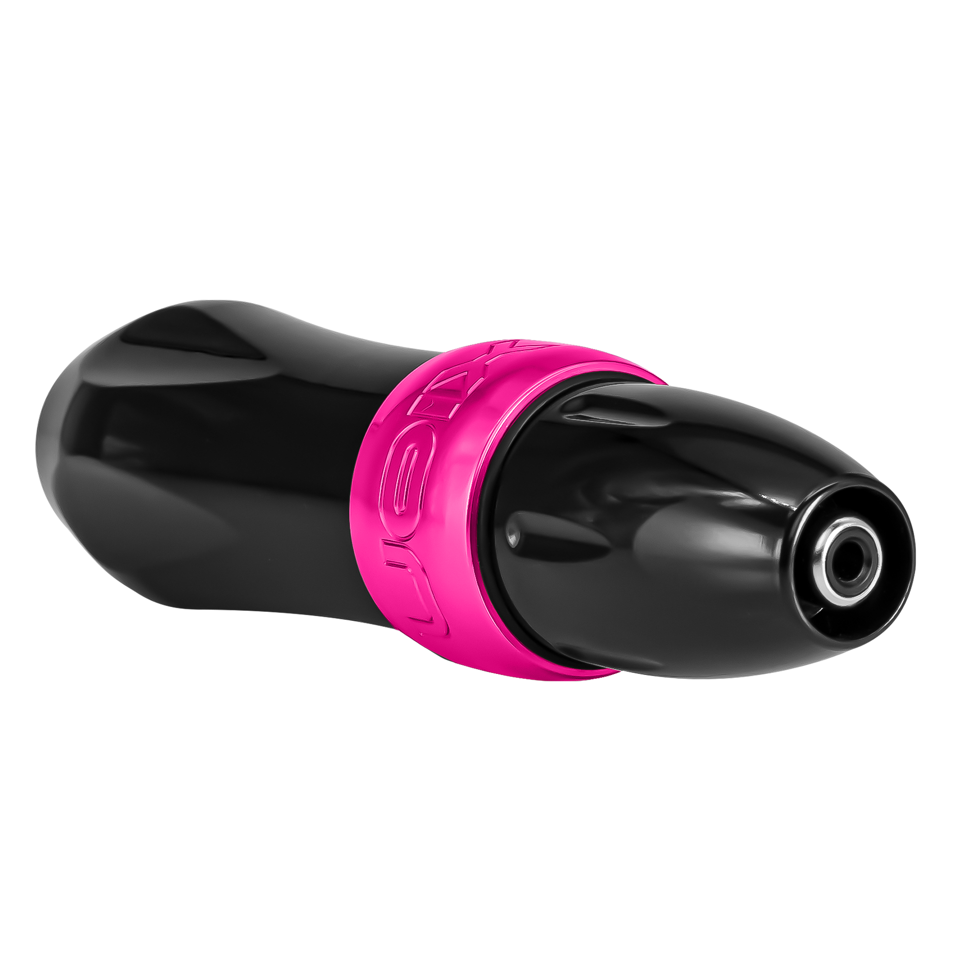Spectra Xion tattoo machine in black with a bright pink band on the machine body, view of the plug