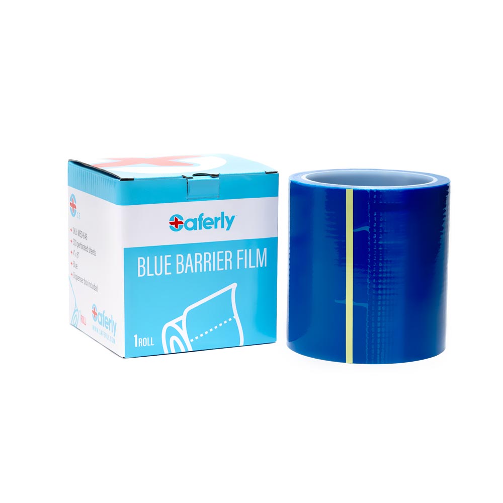 Saferly Blue Travel-Sized Barrier Film in Dispenser Box — 4” x 6” — Roll of 300 Sheets