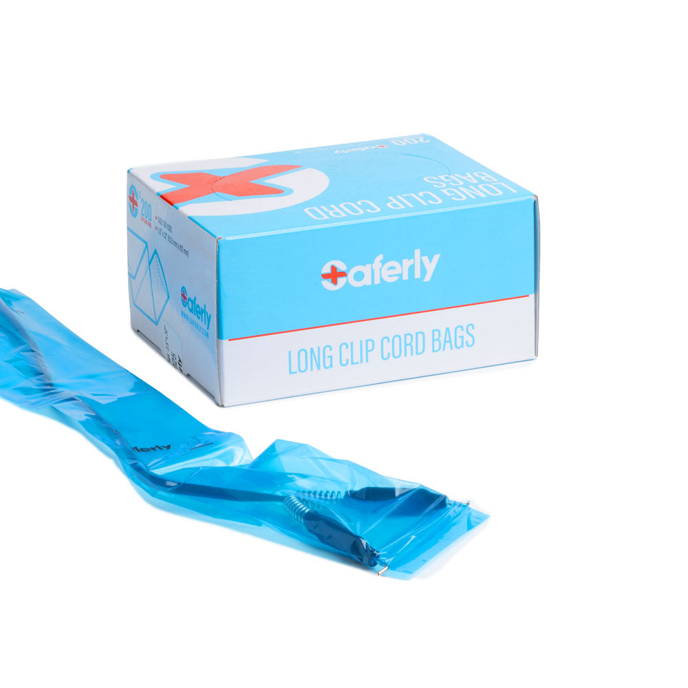 Saferly Extra Long Blue Clip Cord Sleeves and Machine Bags — Box of 200