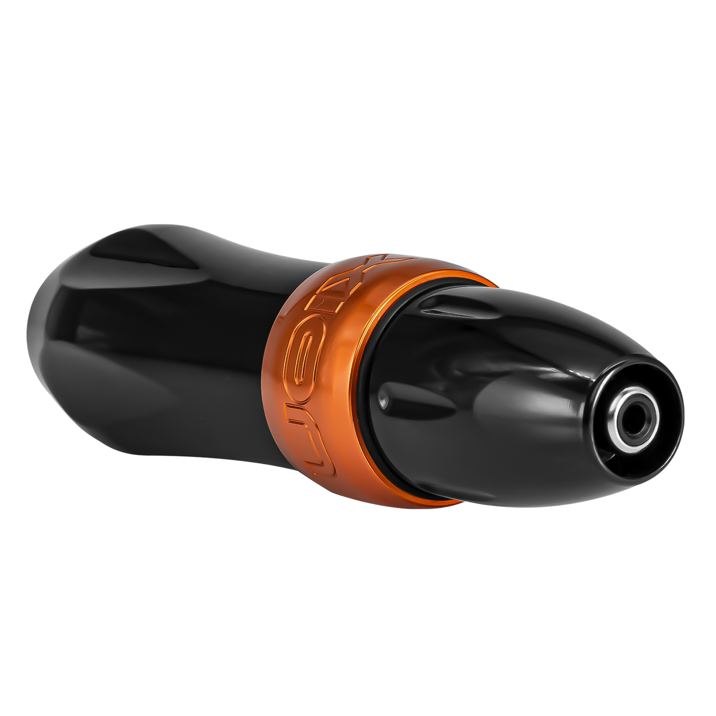 Spektra Xion in black with a tangerine band on the machine body, view from the plug